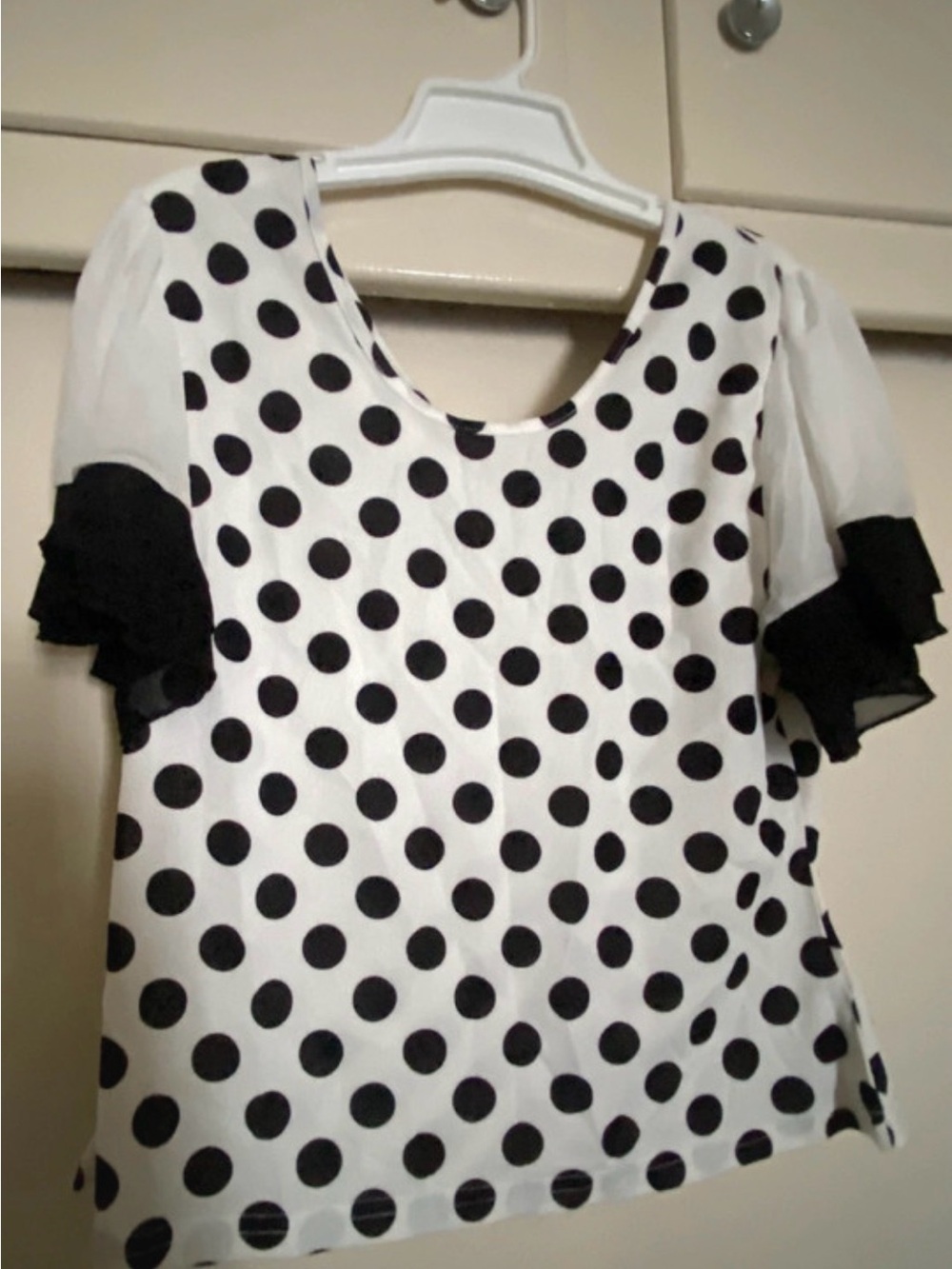 SHEIN Black and White Polka Dot Ruffle Sleeve Top